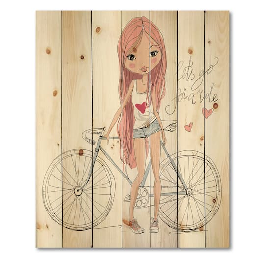 Designart - Young Girl With Bicycle - Children's Art Print on Natural Pine Wood